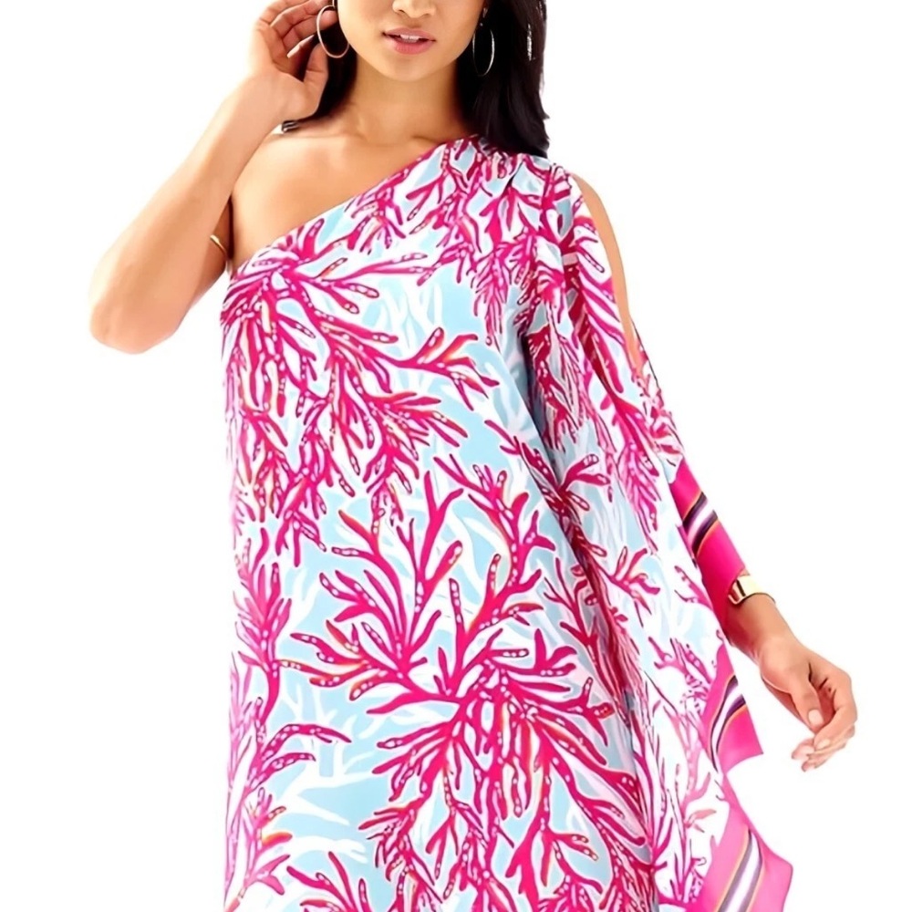LILLY PULITZER SIZE 0 MARLEE ONE-SHOULDER SILK DRESS UNDERWATER ESCAPE.